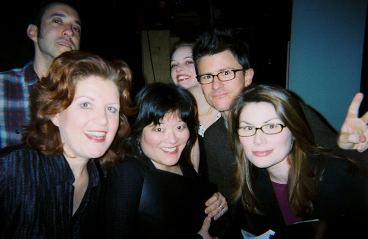 Backstage before the first reading of The Cousins Grimm at the York Theatre, Jonathan Brody, Klea Blackhurst, Ann Harada, Jillian Louis, Randy Redd, and Heidi Blickenstaff, New York, 2007